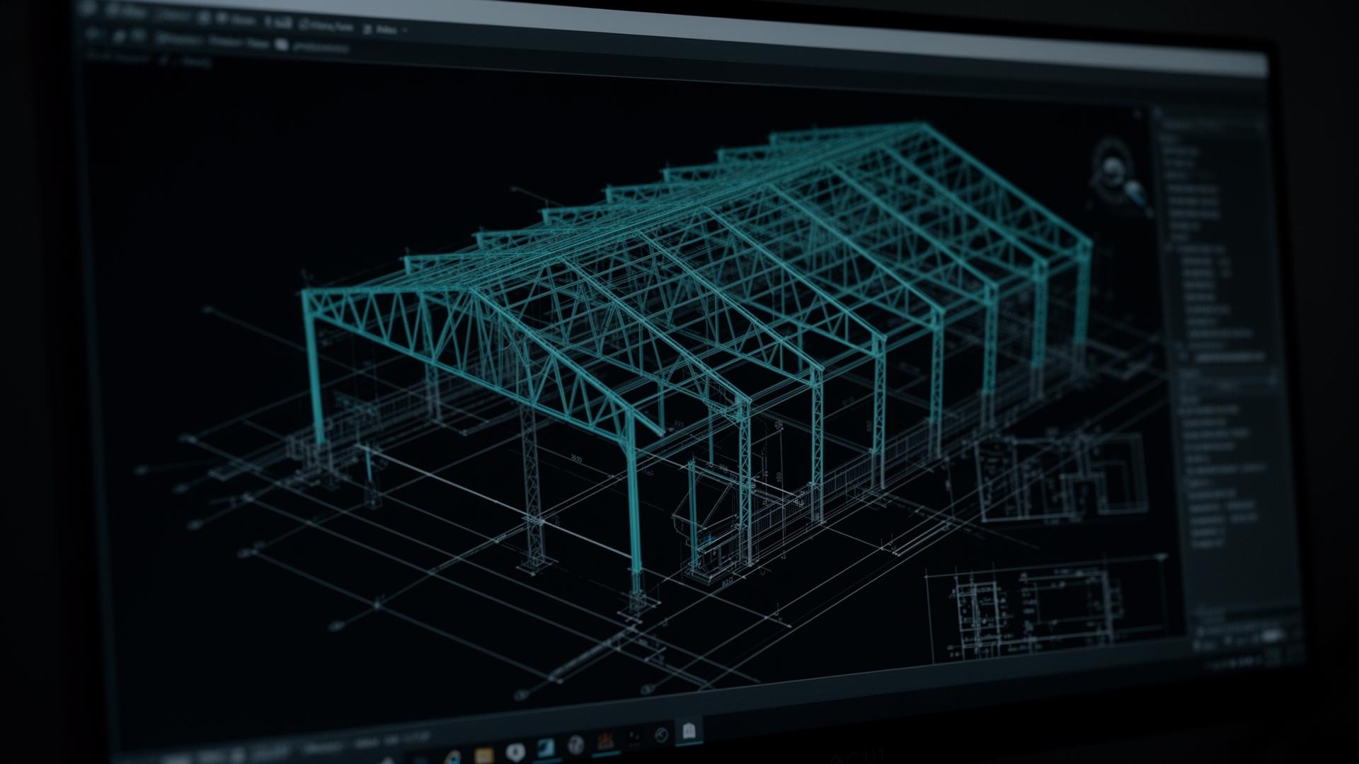 Projektowanie hali stalowej — model BIM/Tekla na ekranie